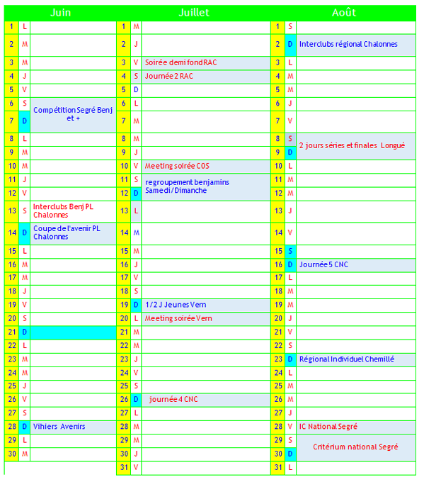 Calendrier des compétitions 2026