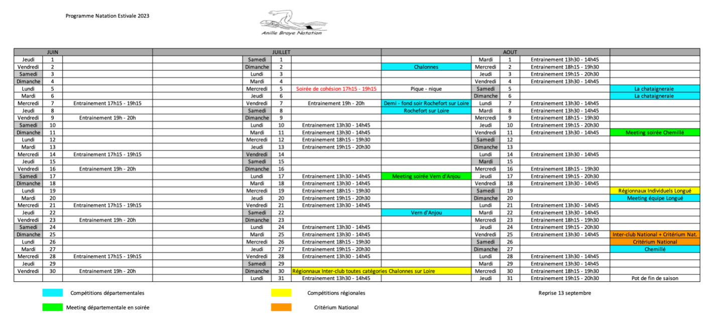 Calendrier saison 2023
